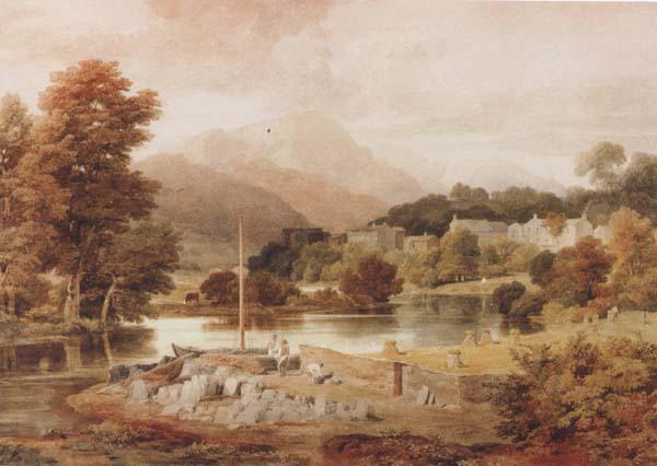 Ramsay Richard Reinagle A Slate Wharf,with the Village of Clappersgate and Coniston Fells,near the Head of Windermere-Forenoon (mk47) oil painting picture